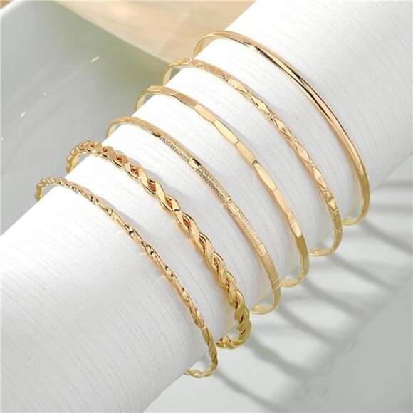 Womens Gold Bangle Bracelet Set 14k Plated Multi Layer Stackable Cuff Jewelry - Picture 6 of 8